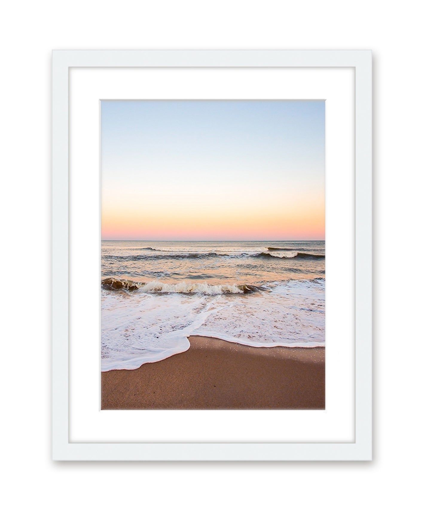 warm sunset beach print, white wood frame wright and roam