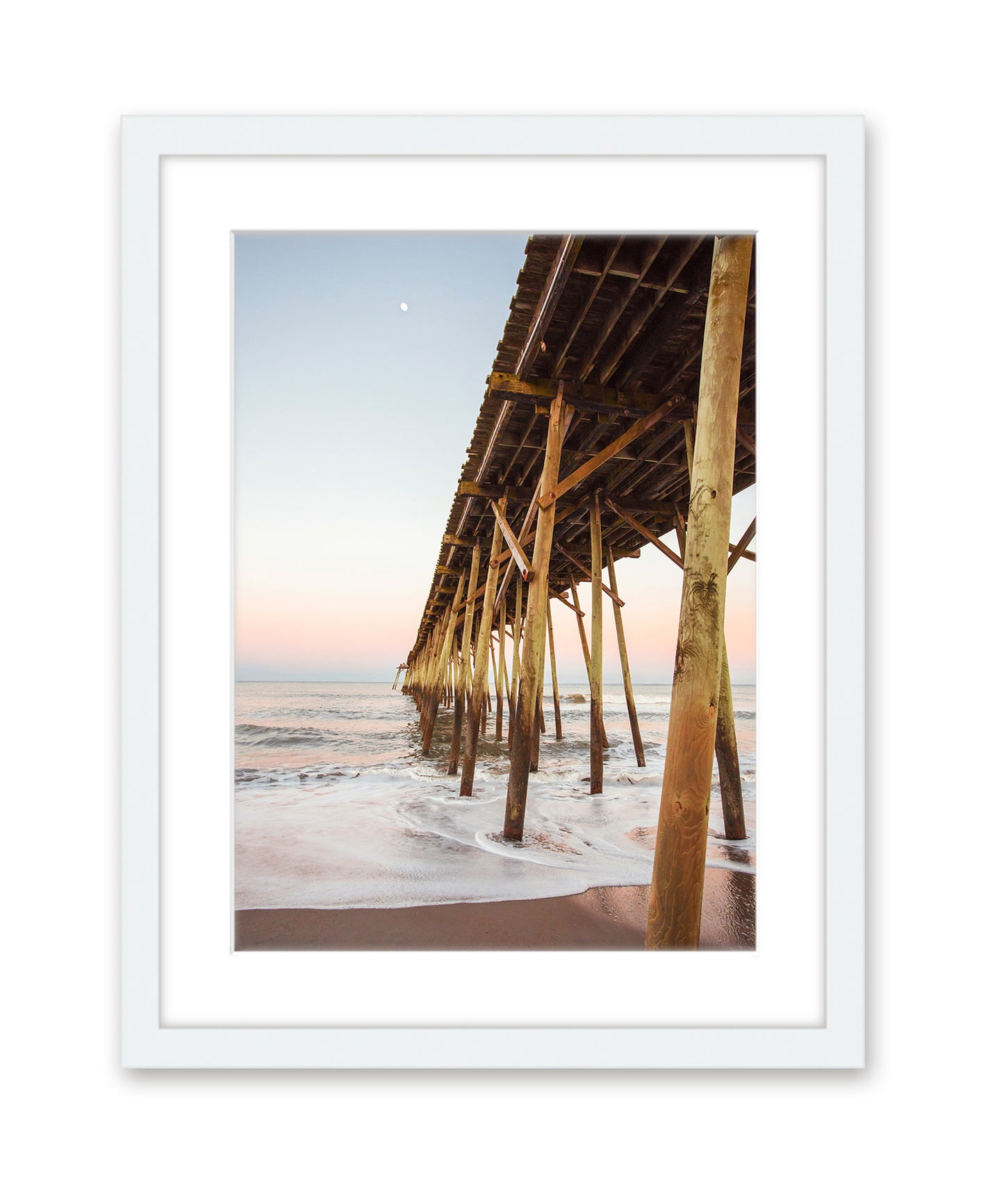 Warm Pier Sunset Beach Photograph, White Frame, by Wright and Roam