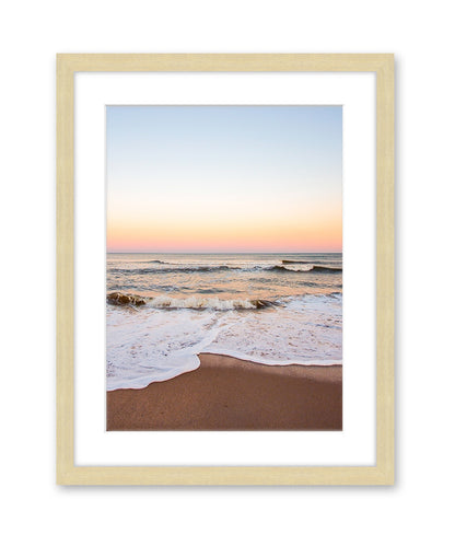 warm sunset beach print, natural wood frame wright and roam