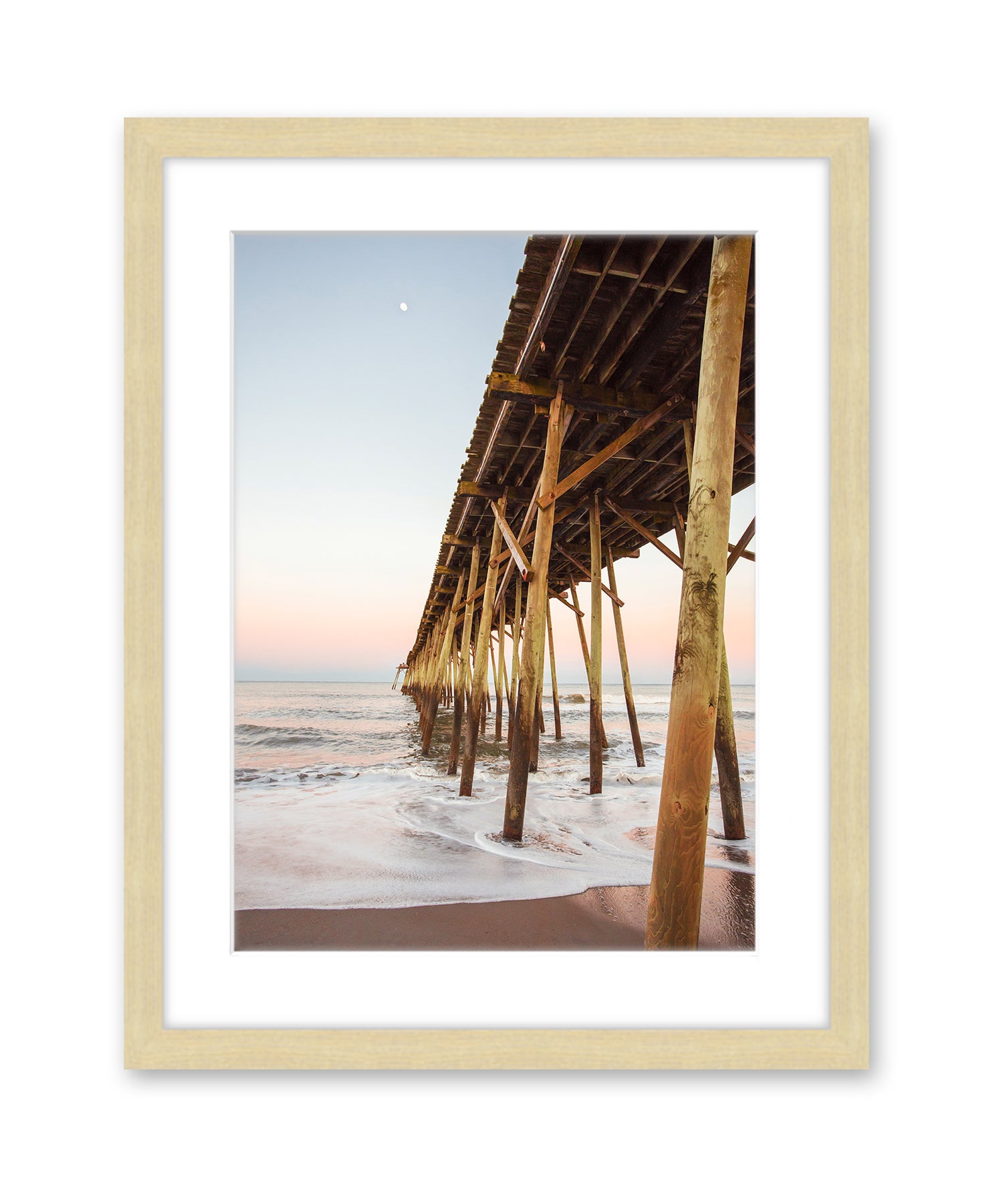 Sunset Pier Beach Photograph, Natural Wood Frame, Wright and Roam