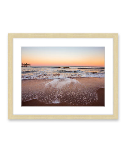 warm summer sunset Carolina beach photograph, natural wood frame by Wright and Roam
