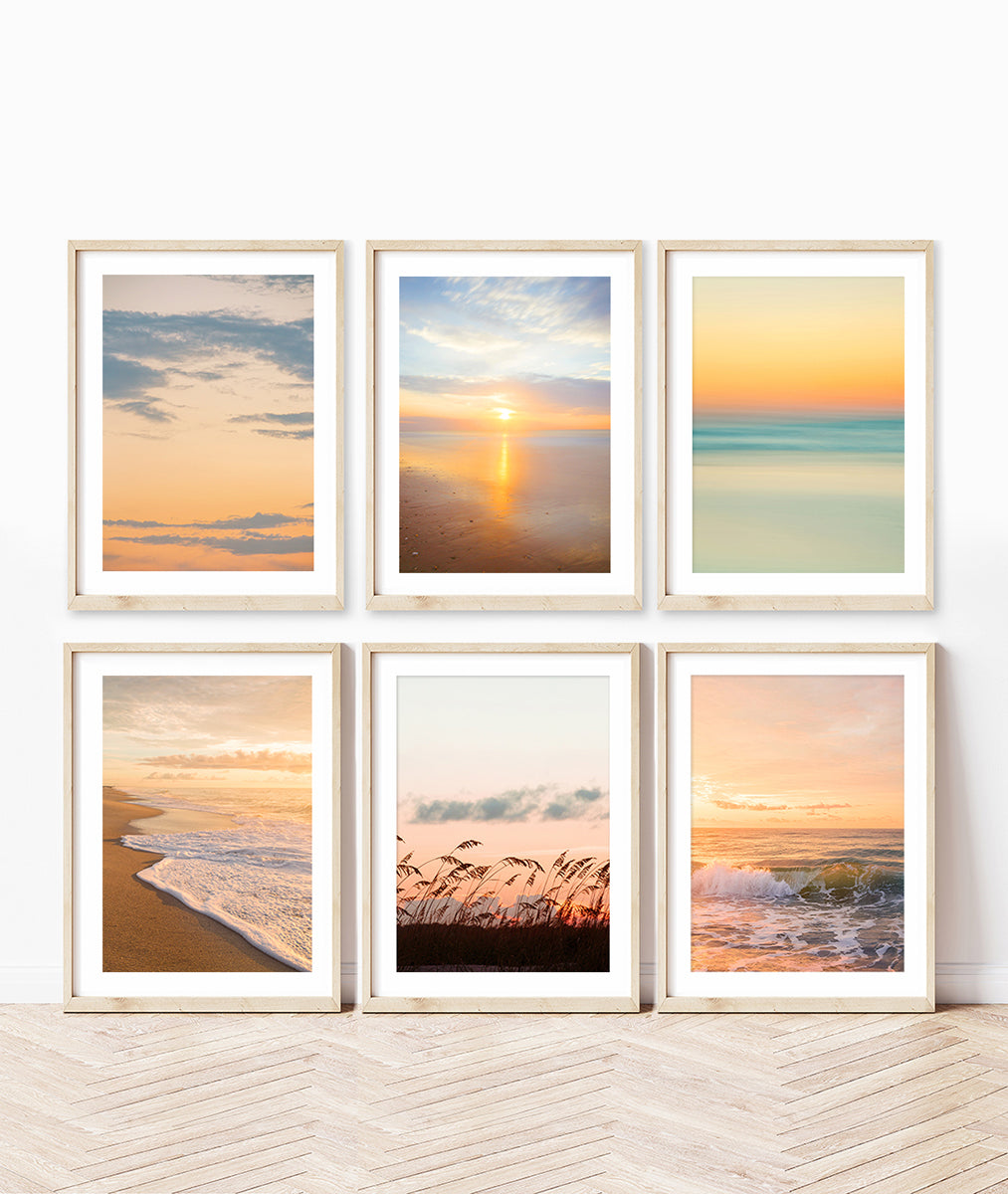 gallery wall set of six warm sunset beach photographs by Wright and Roam