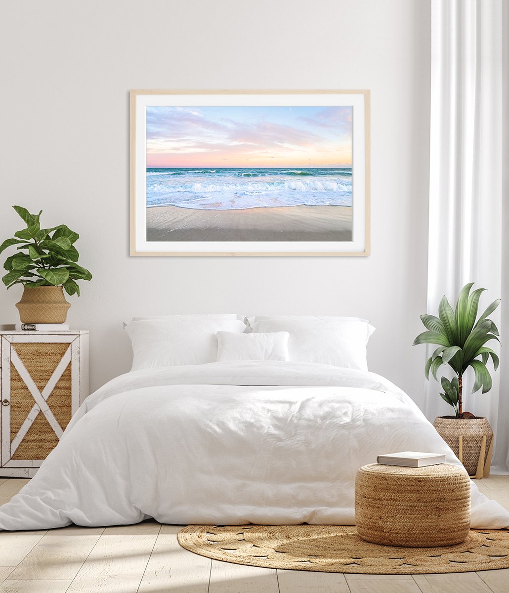 Bright Coastal Bedroom Decor, Blue Sunset Beach Photograph by Wright and Roam