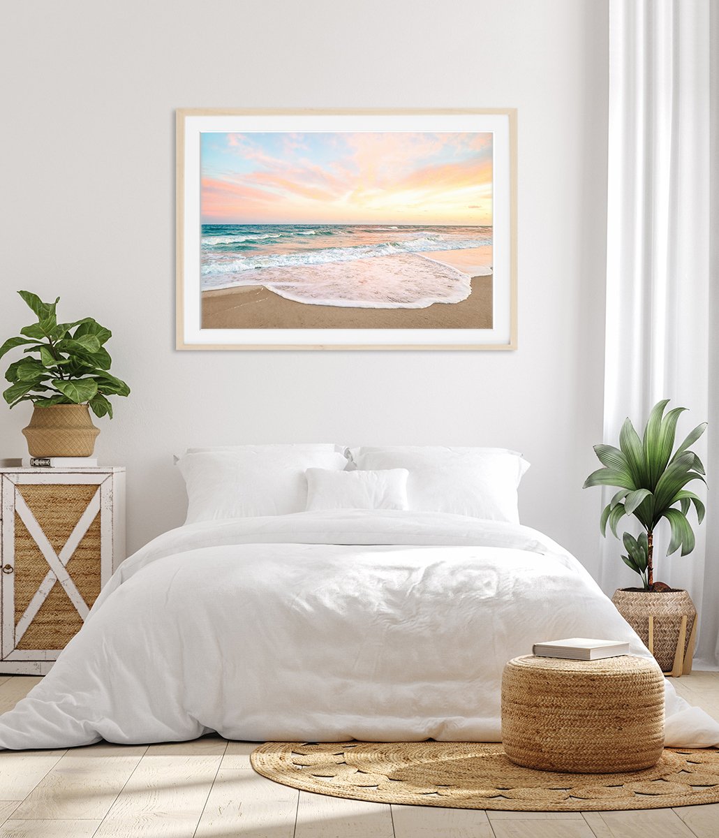 Bright Coastal Bedroom Decor, Pastel Sunset Beach Photograph by Wright and Roam