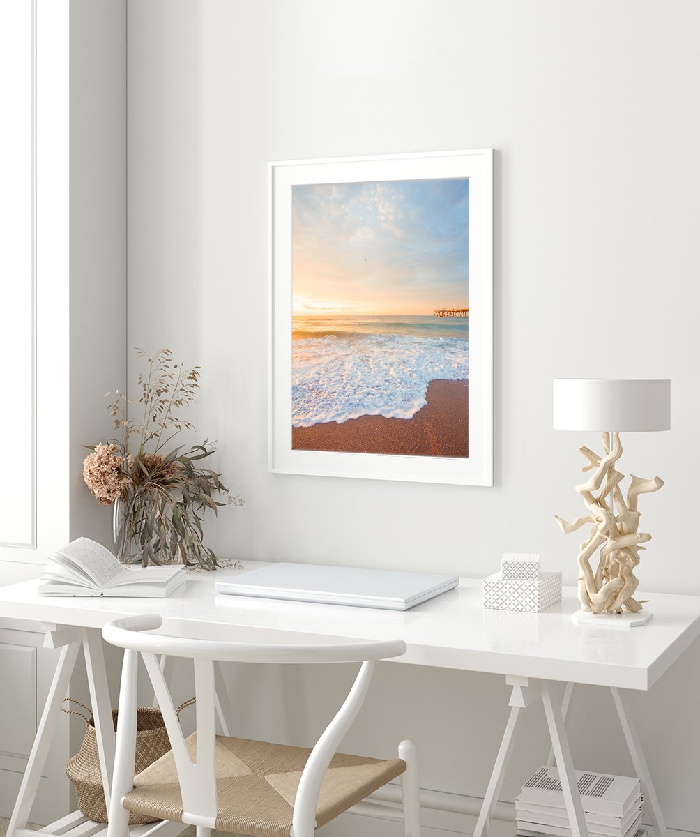 White Desk Office Decor, Pastel Blue Sunrise Beach Photograph by Wright and Roam