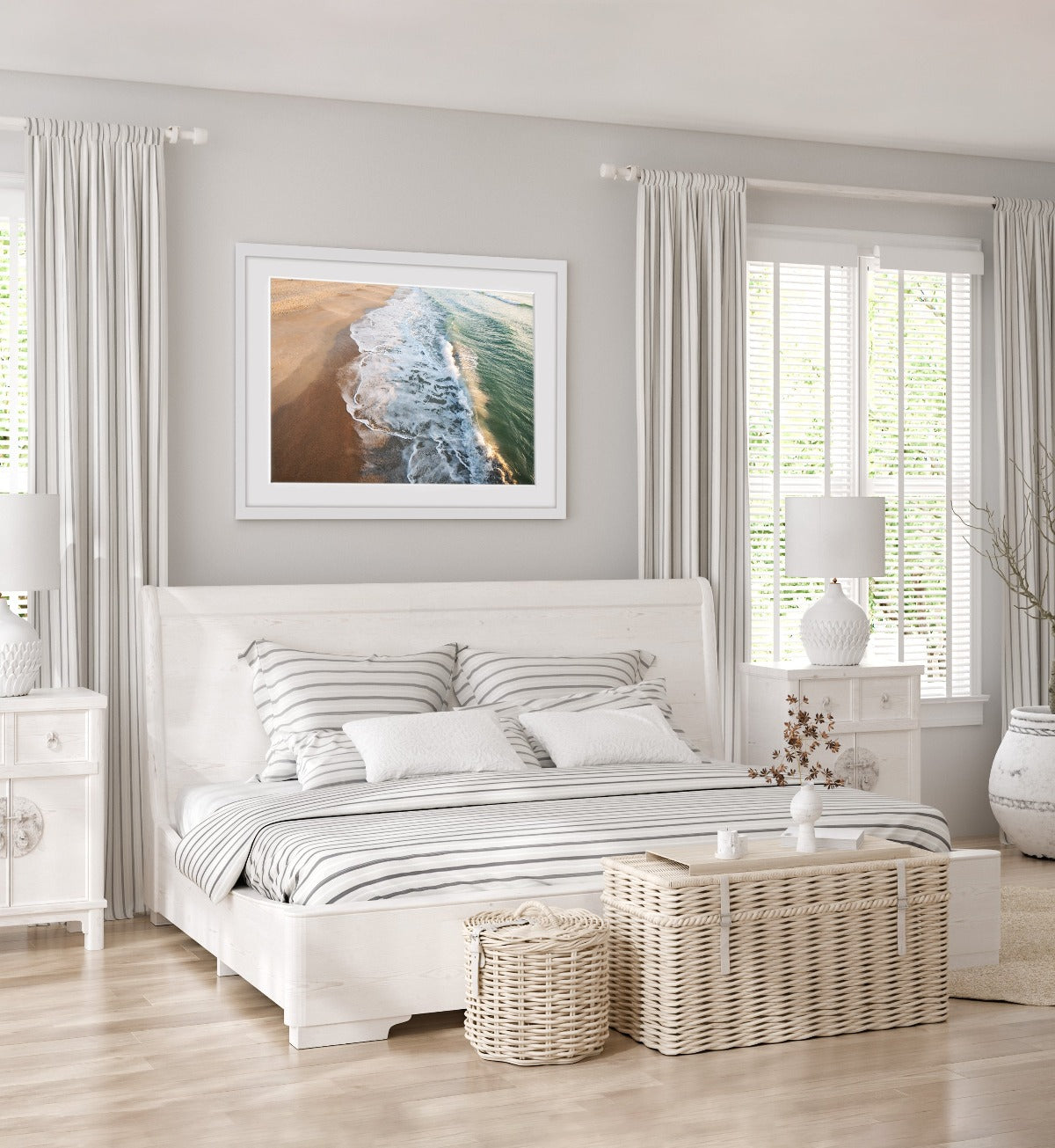 traditional white bedroom decor, coastal wall art