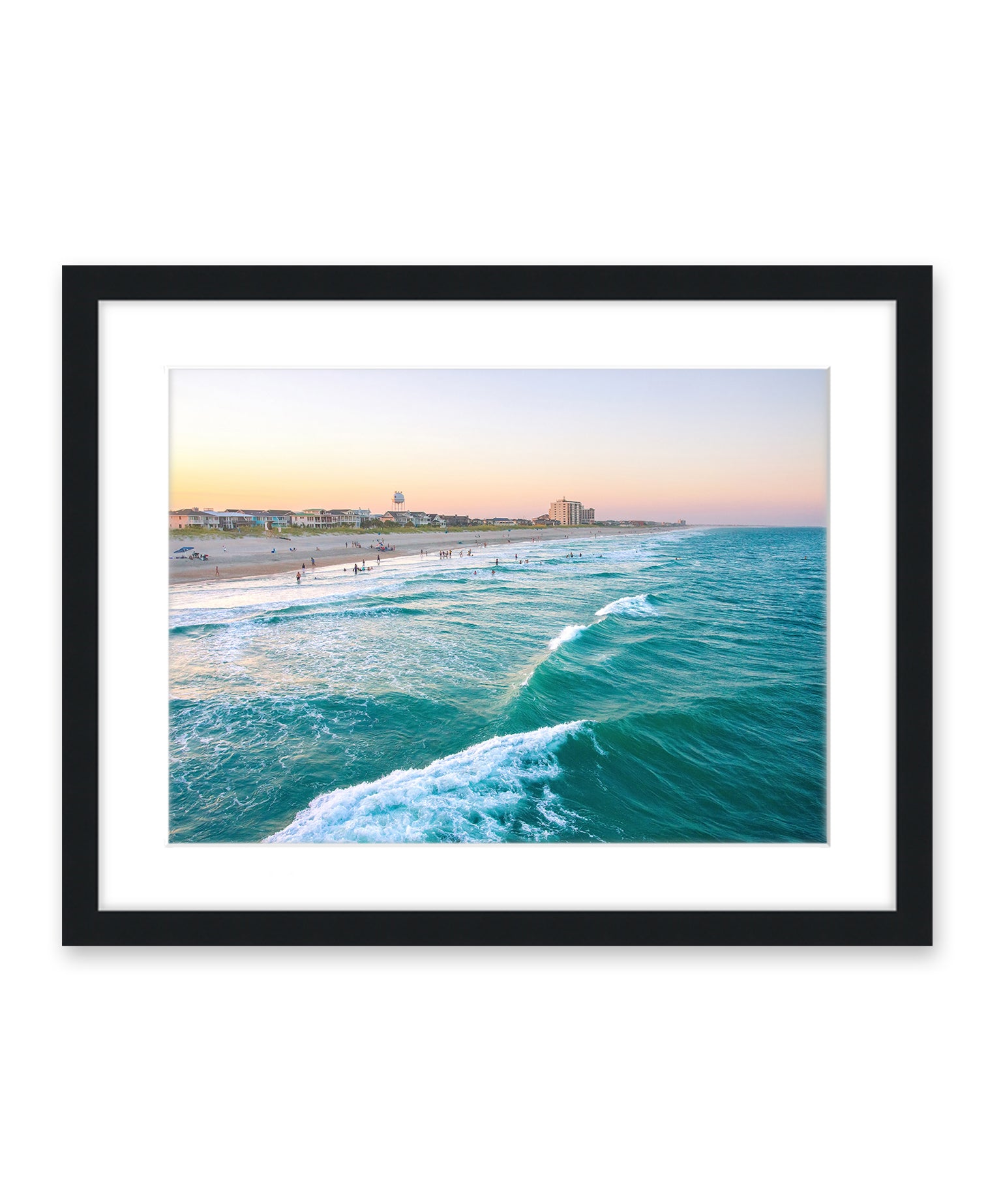 teal aerial Wrightsville beach photograph, black wood frame by Wright and Roam