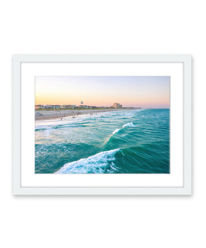 teal aerial Wrightsville beach photograph, white wood frame by Wright and Roam