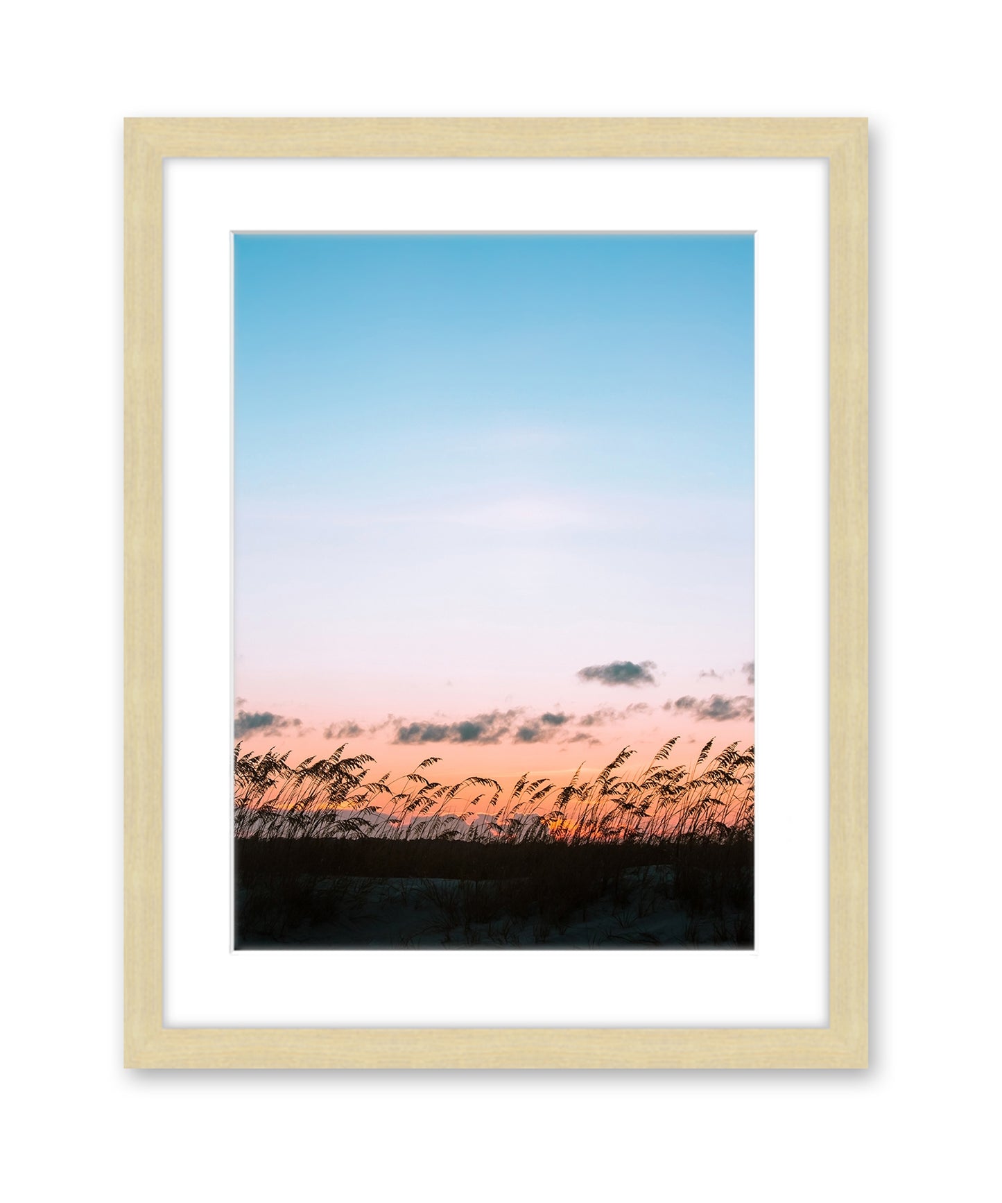 blue sunset beach print, natural wood frame by Wright and Roam