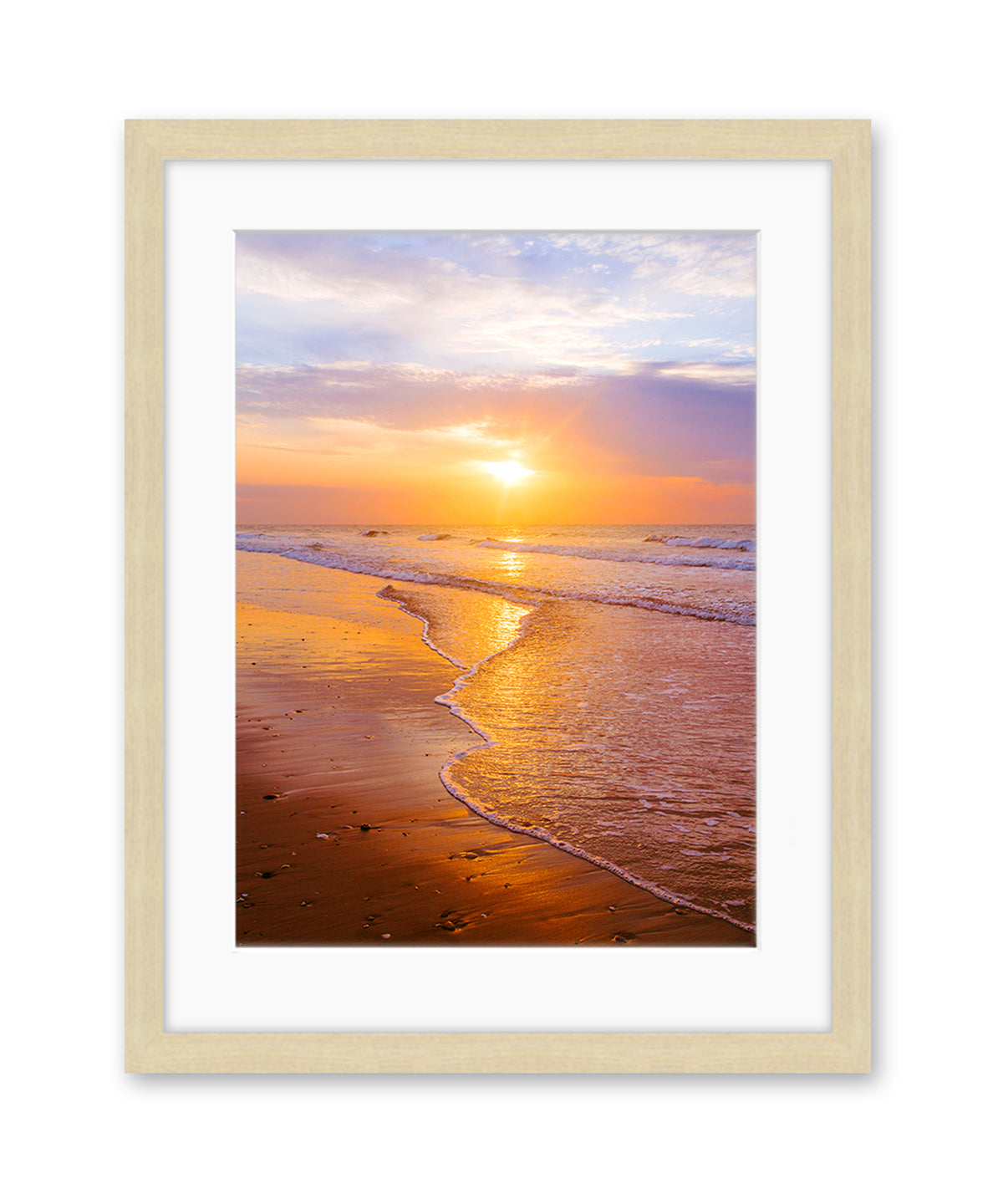 sunrise beach print, wood frame