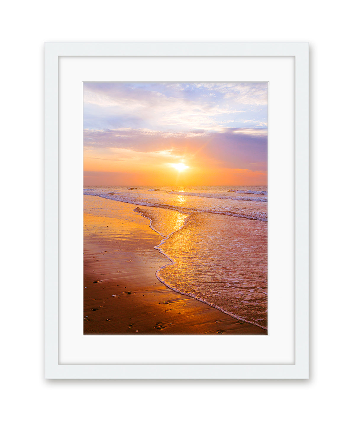 sunrise beach print, white frame