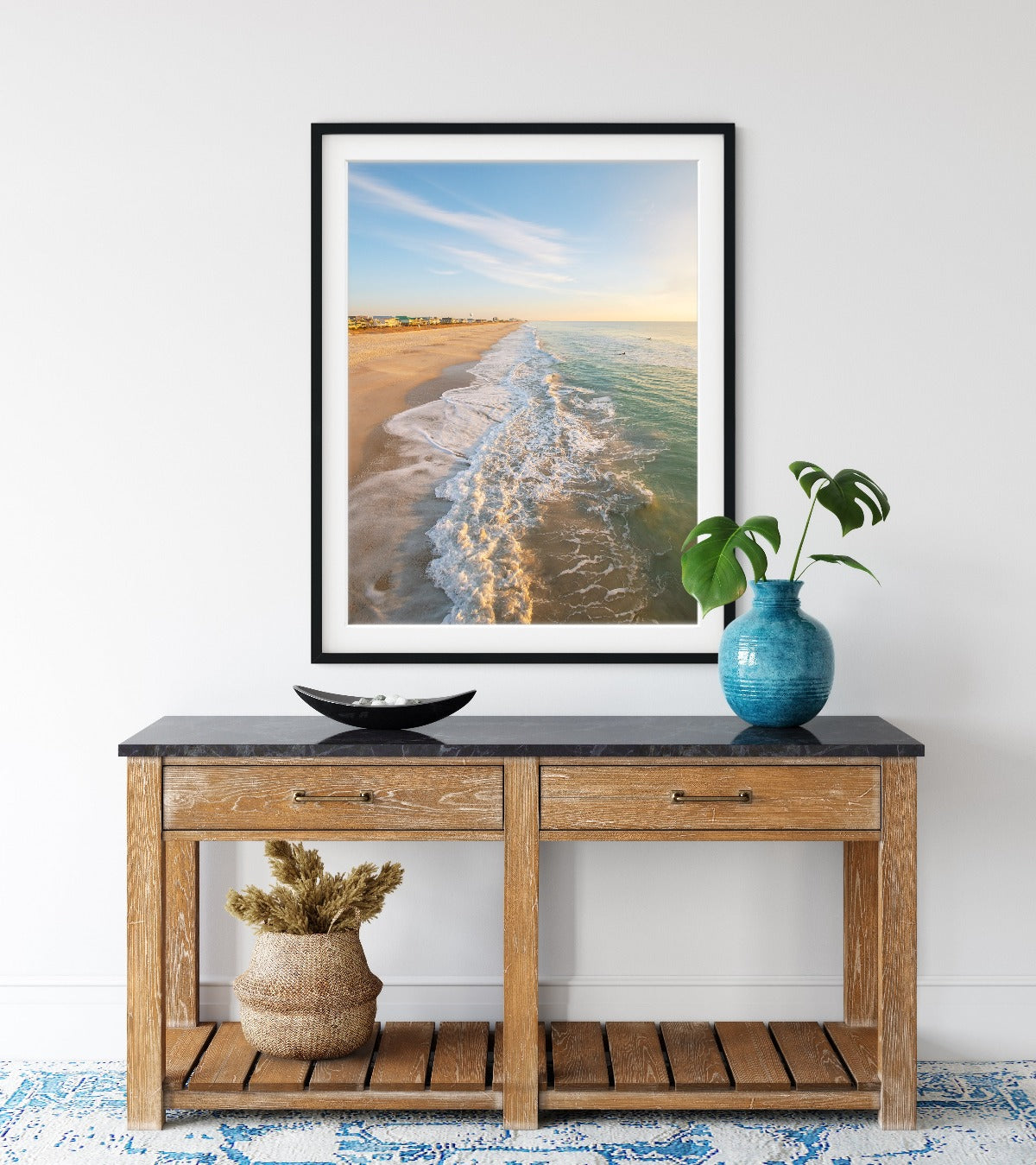entryway coastal decor, black frame sunrise beach photograph