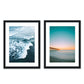 set of 2 teal blue sunset beach prints, black wood frame by Wright and Roam
