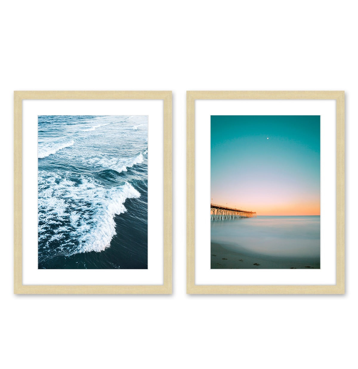 set of 2 teal blue sunset beach prints, natural wood frame by Wright and Roam