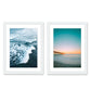 set of 2 teal blue sunset beach prints, white wood frame by Wright and Roam