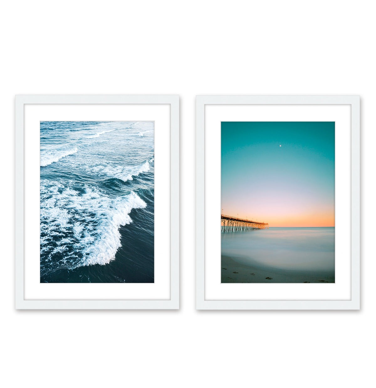 set of 2 teal blue sunset beach prints, white wood frame by Wright and Roam