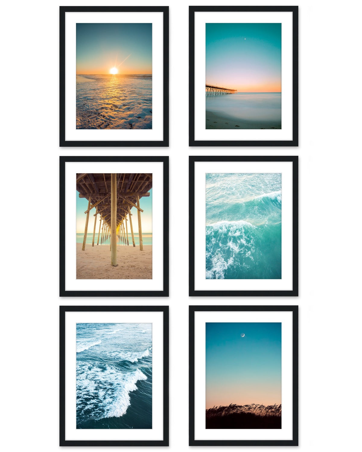 set of 6 teal and yellow sunset beach photographs, Black Wood Frame, Wright and Roam