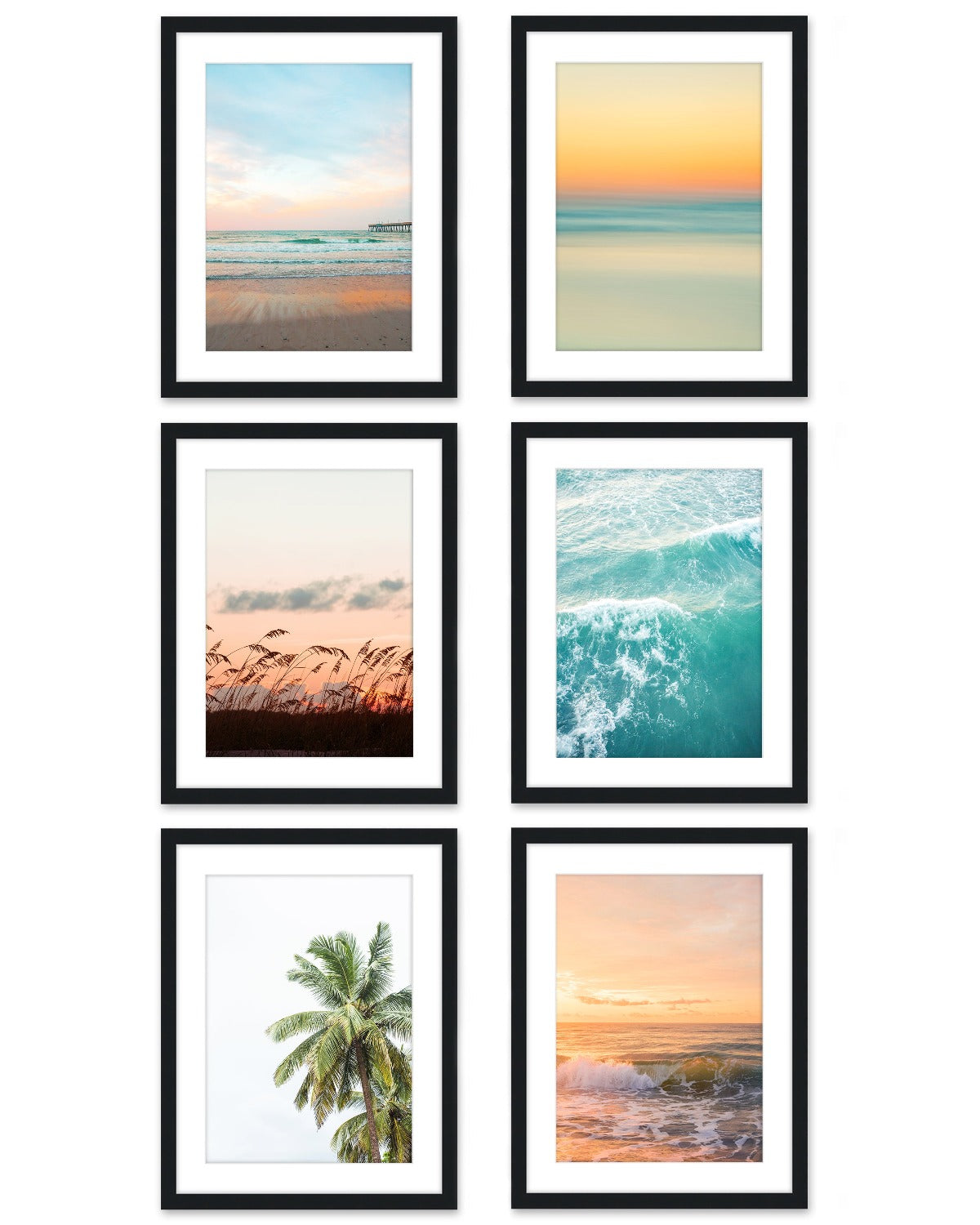 set of six colorful tropical beach photographs, black wood frame, by Wright and Roam