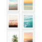 set of six colorful tropical beach photographs, white wood frame, by Wright and Roam