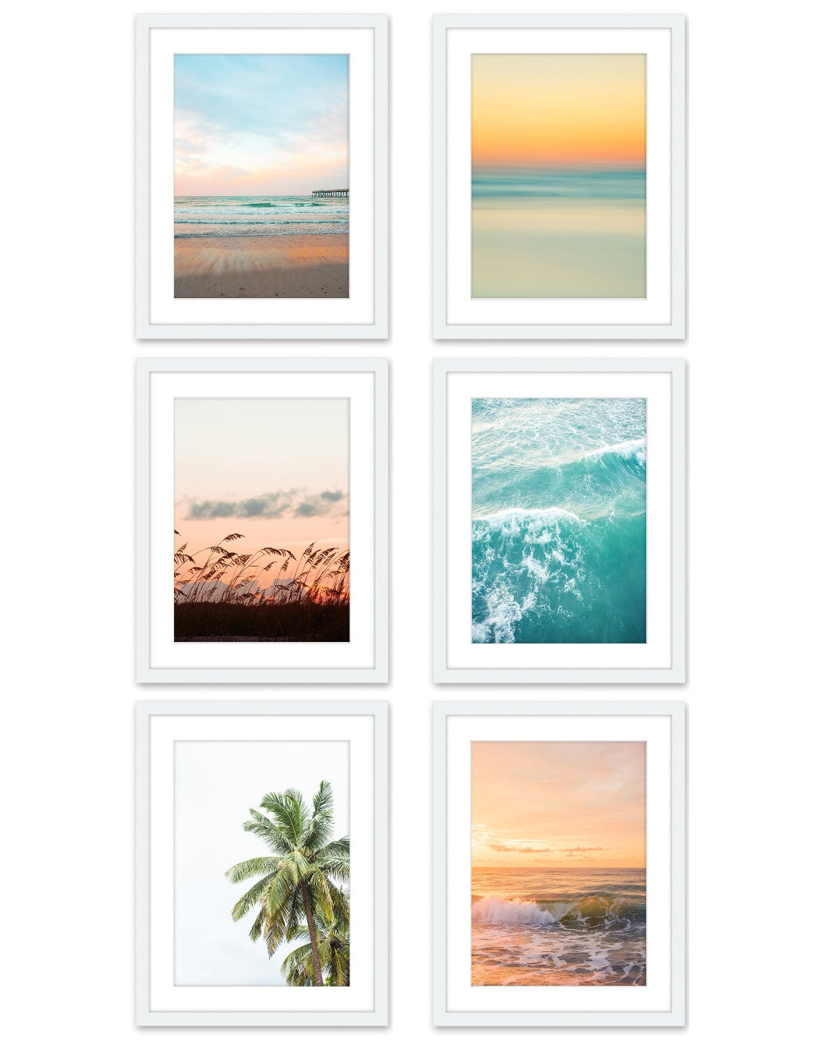 set of six colorful tropical beach photographs, white wood frame, by Wright and Roam