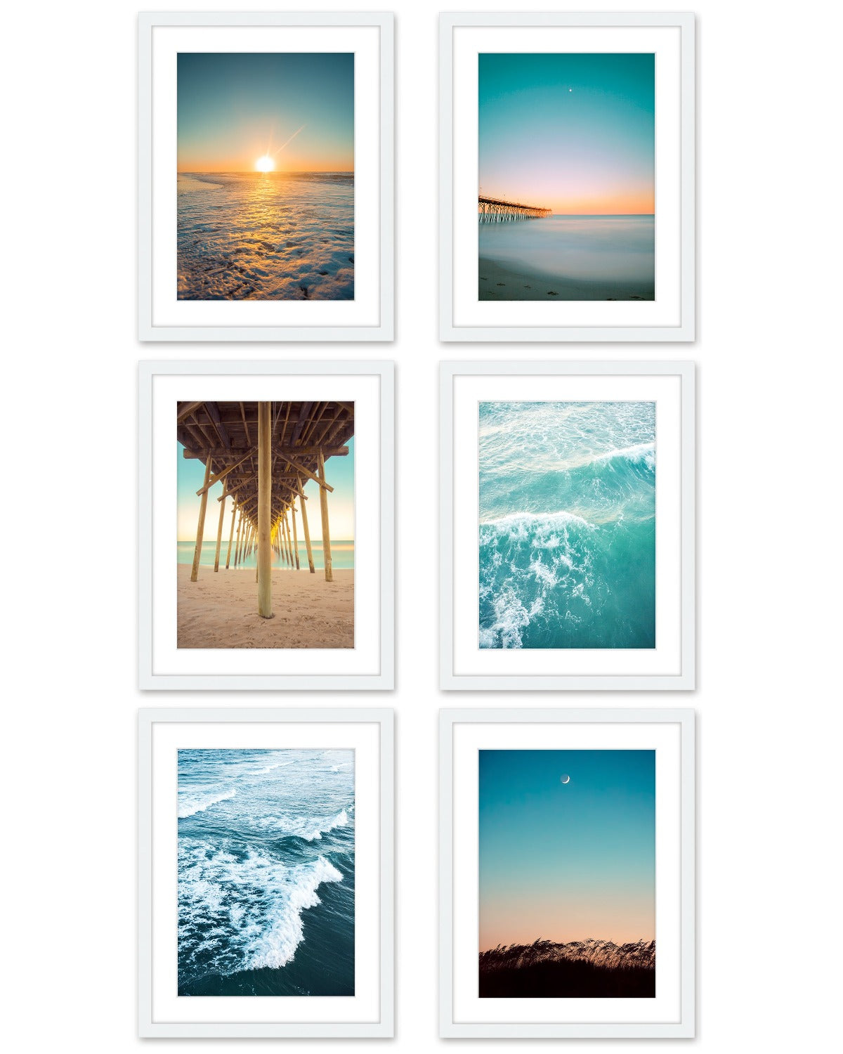 set of 6 teal and yellow sunset beach photographs, White Wood Frame, Wright and Roam