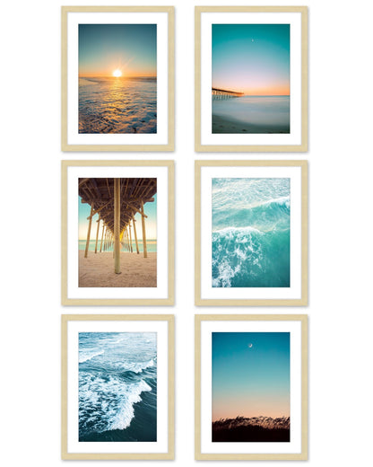 set of 6 teal and yellow sunset beach photographs, Natural Wood Frame, Wright and Roam