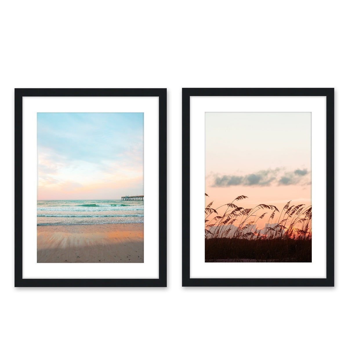 set of 2 sunset tropical beach photographs, black wood frame, Wright and Roam