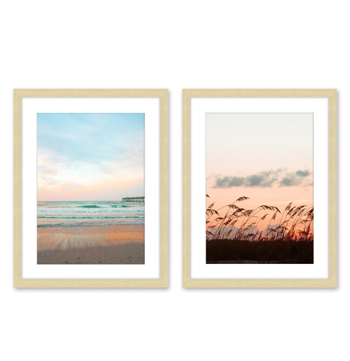set of 2 sunset tropical beach photographs, natural wood frame, Wright and Roam