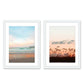 set of 2 sunset tropical beach photographs, white wood frame, Wright and Roam