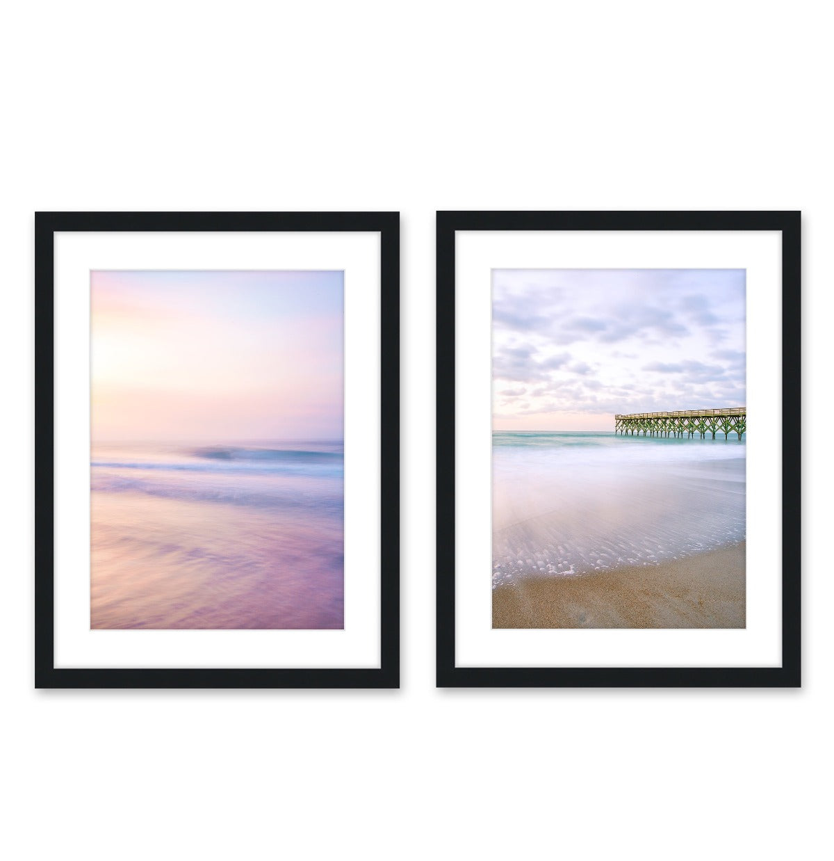 set of 2 pastel pink sunrise beach prints, Black Wood Frame by Wright and Roam