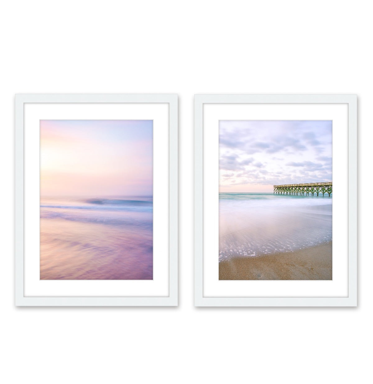set of 2 pastel pink sunrise beach prints, White Wood Frame by Wright and Roam