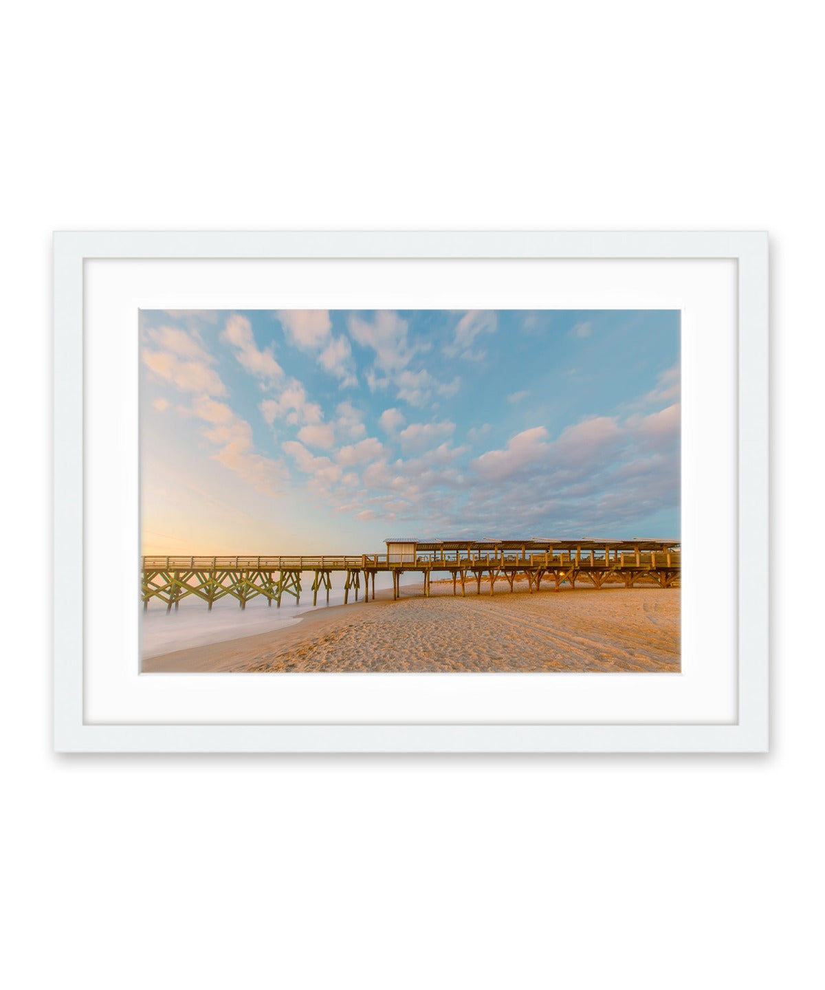white wood frame wrightsville beach sunrise pier photograph