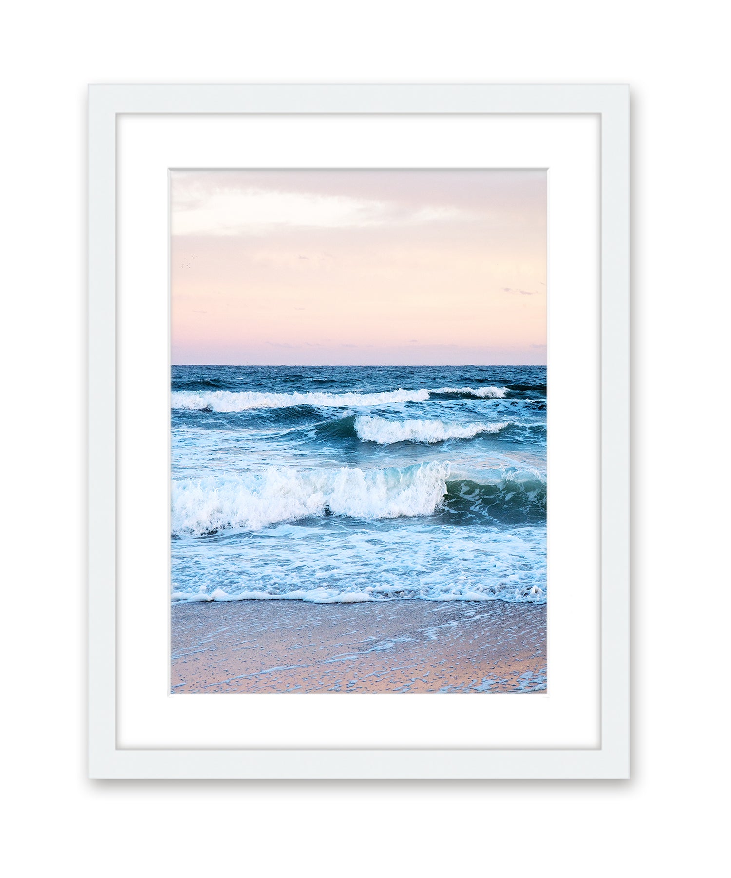 Sunset Blue Waves Wrightsville Beach Photograph, White Wood Frame, By Wright and Roam