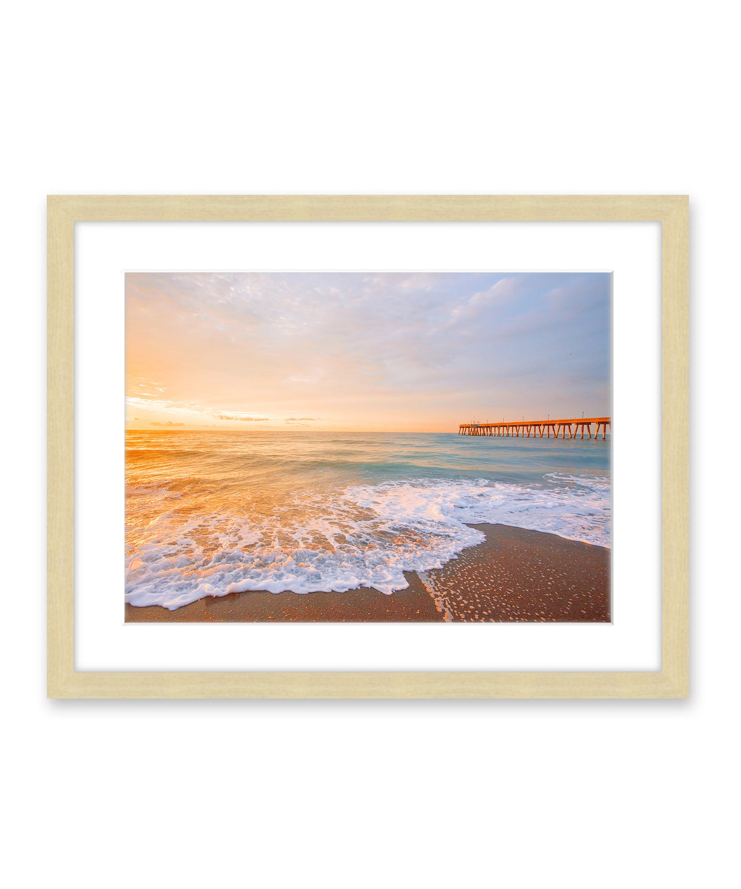 Sunny Colorful Sunrise Wrightsville Beach Photograph, Natural Wood Frame by Wright and Roam