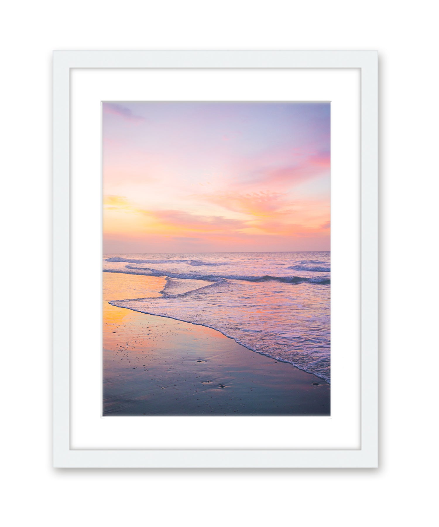 pink sunrise beach print, white frame by Wright and Roam