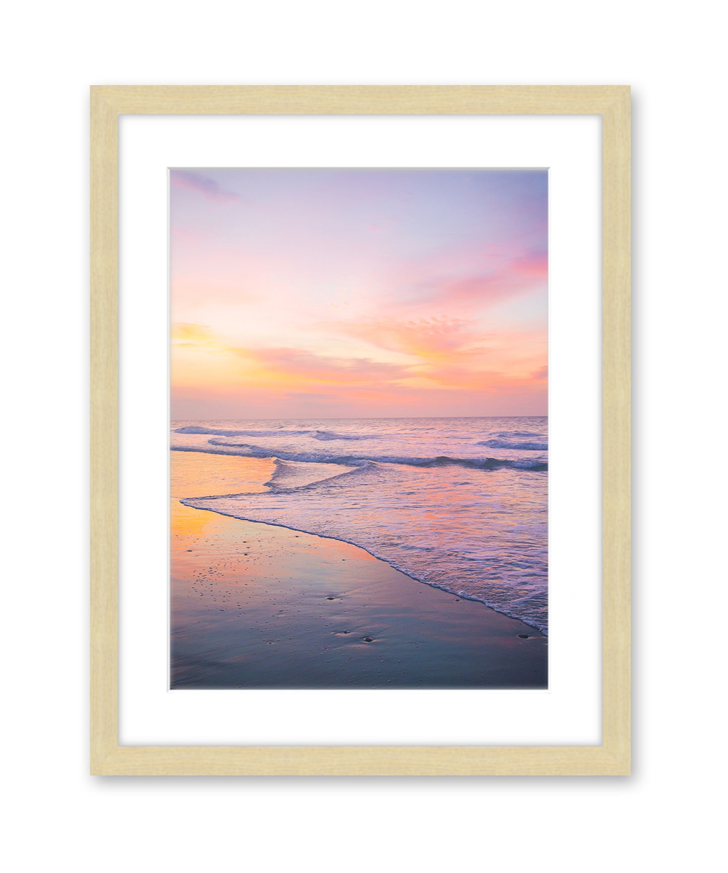 pink purple sunrise beach photograph natural wood frame by wright and roam