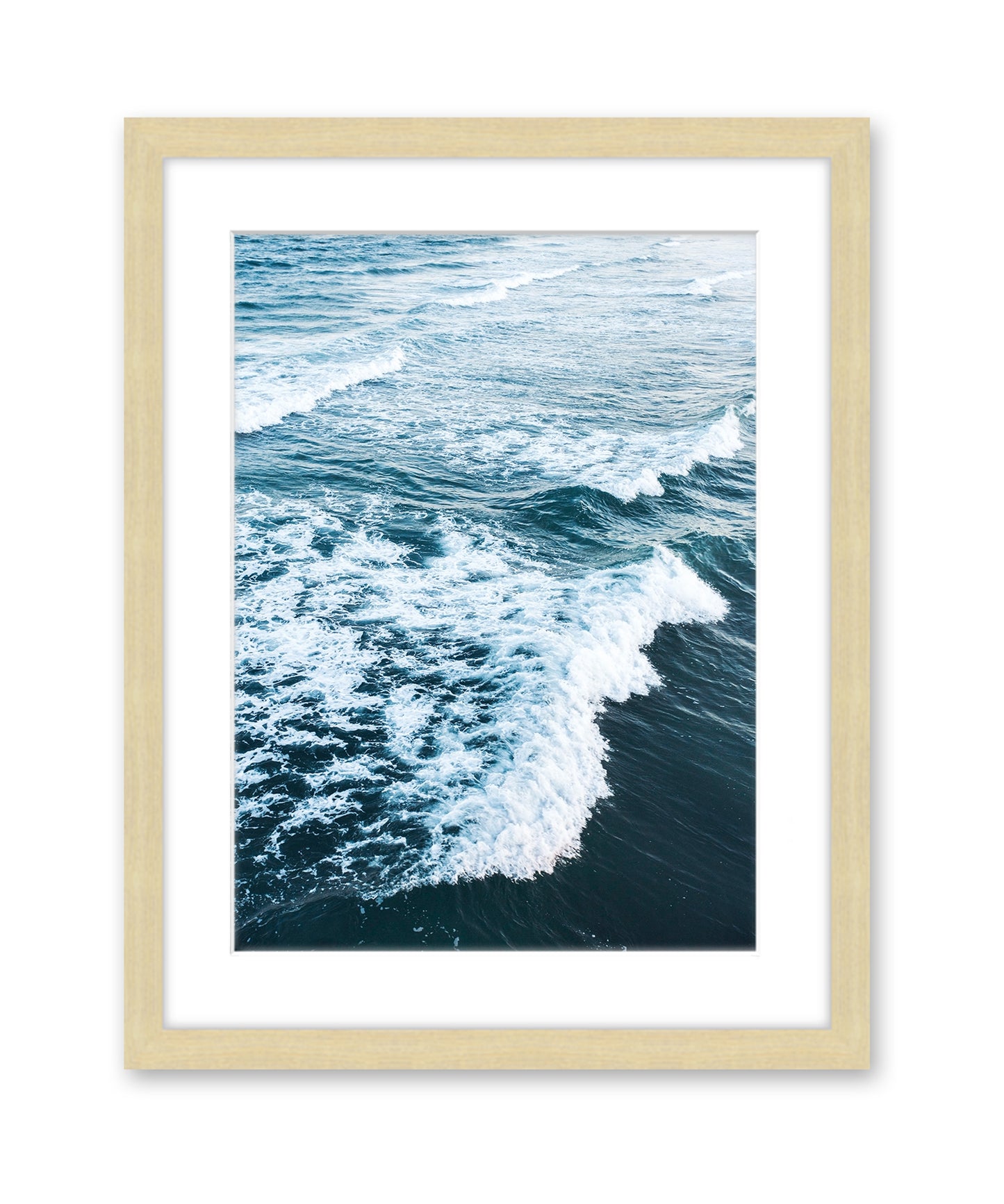 aerial photograph indigo blue ocean waves print, natural wood frame by Wright and Roam