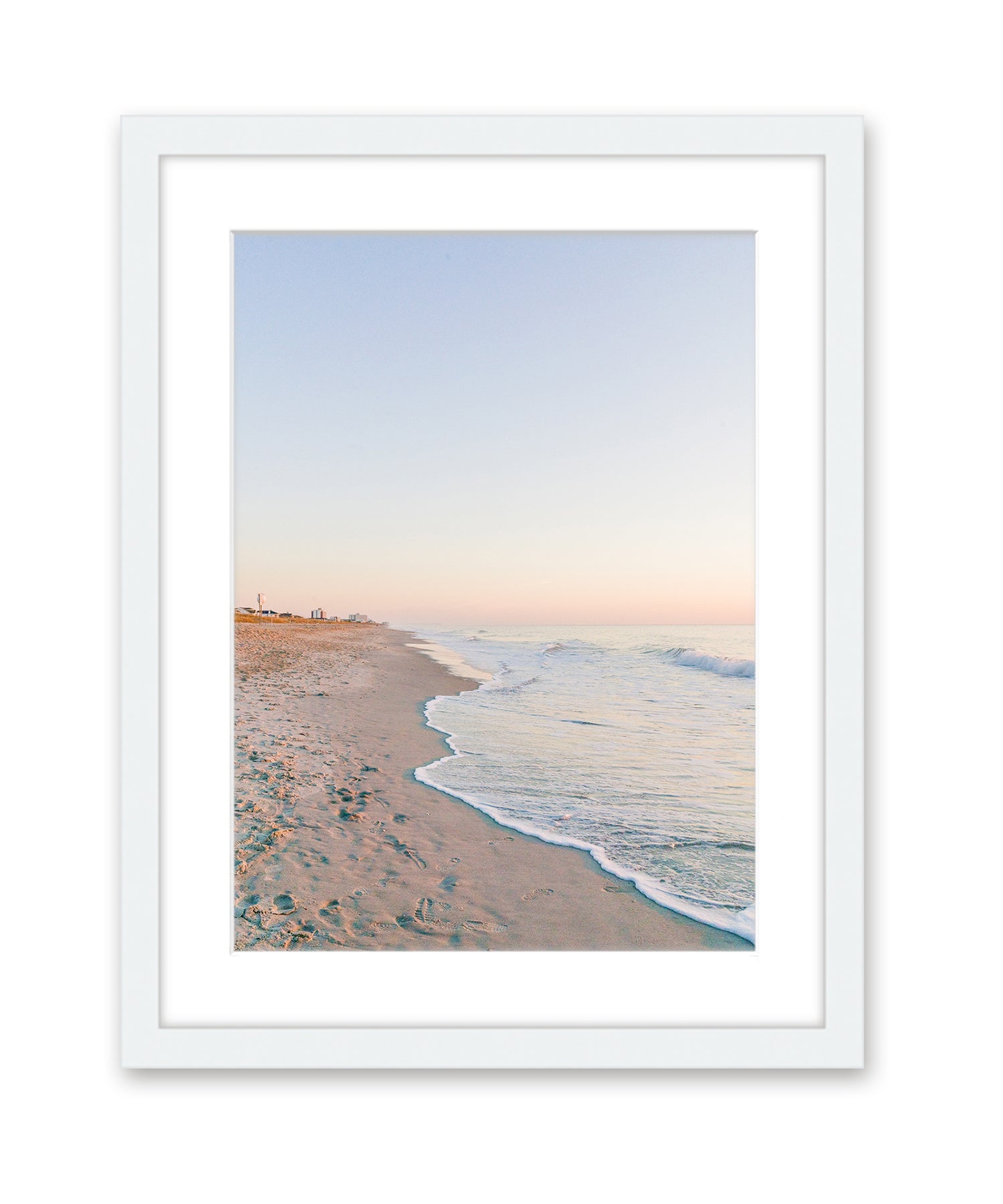 Pastel Blue Sunrise Wrightsville Beach Photograph, White Frame By Wright and Roam