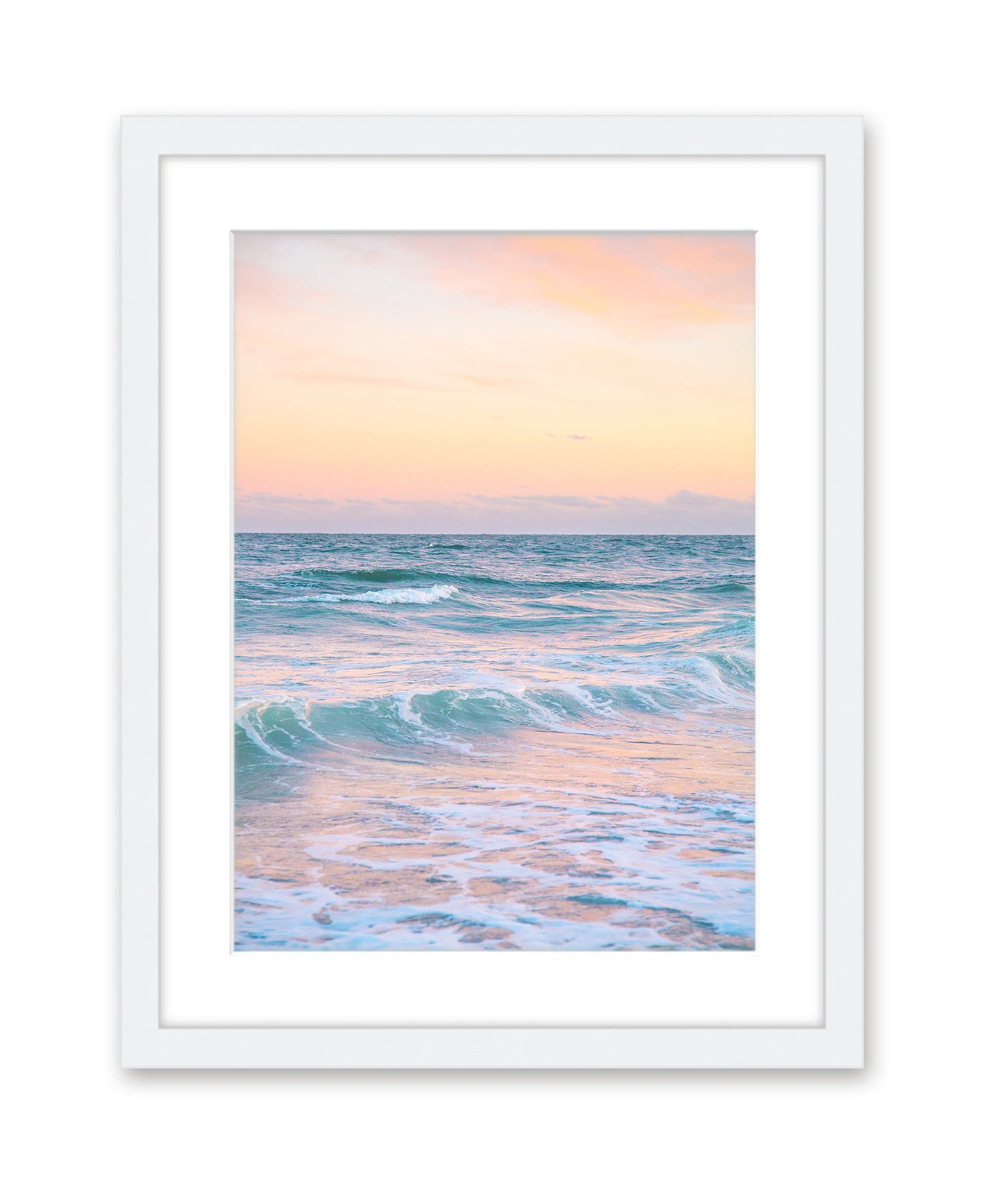 blue yellow pastel waves beach photograph, White Frame by Wright and Roam