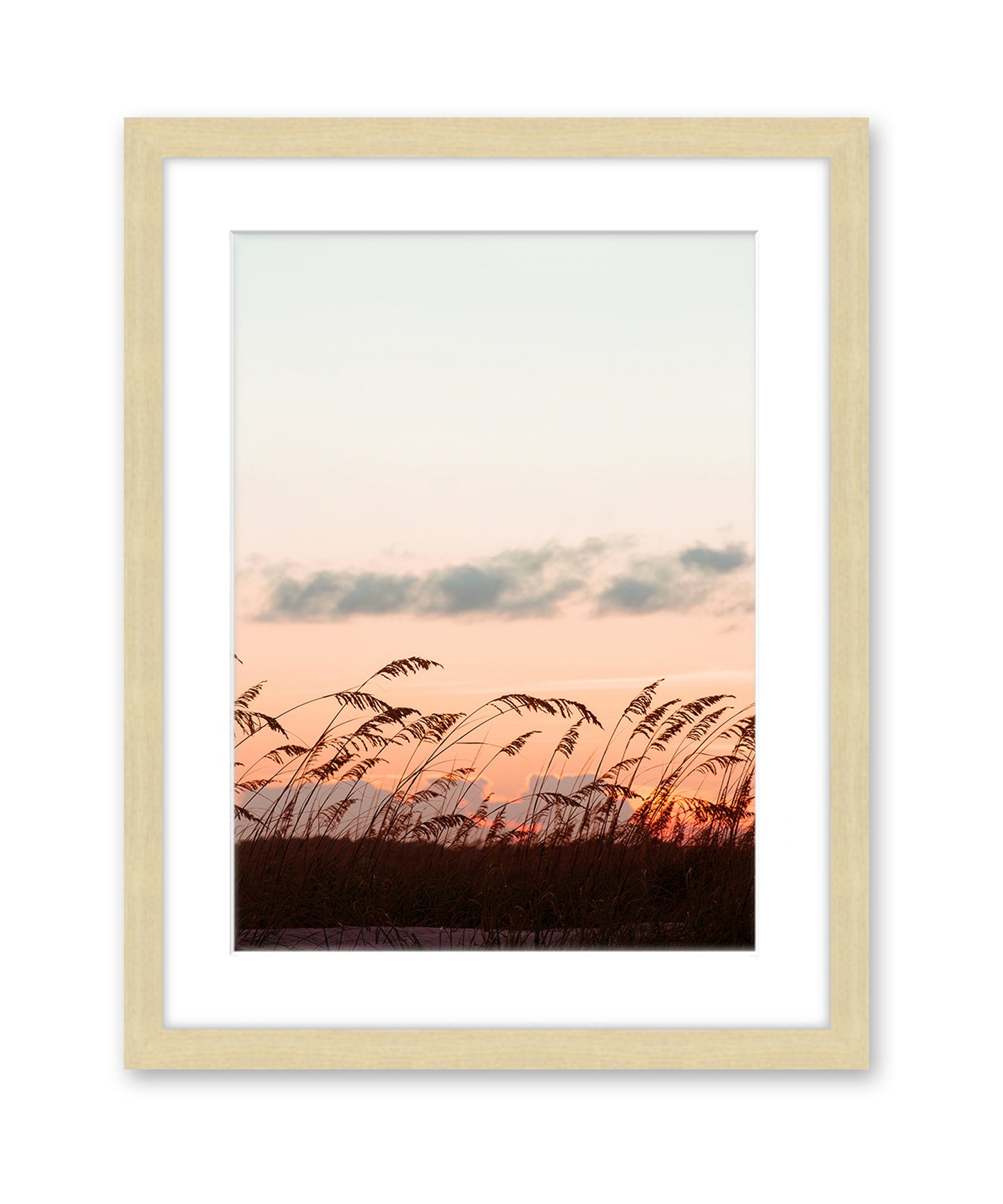 pink sunset beach print, natural wood frame by Wright and Roam