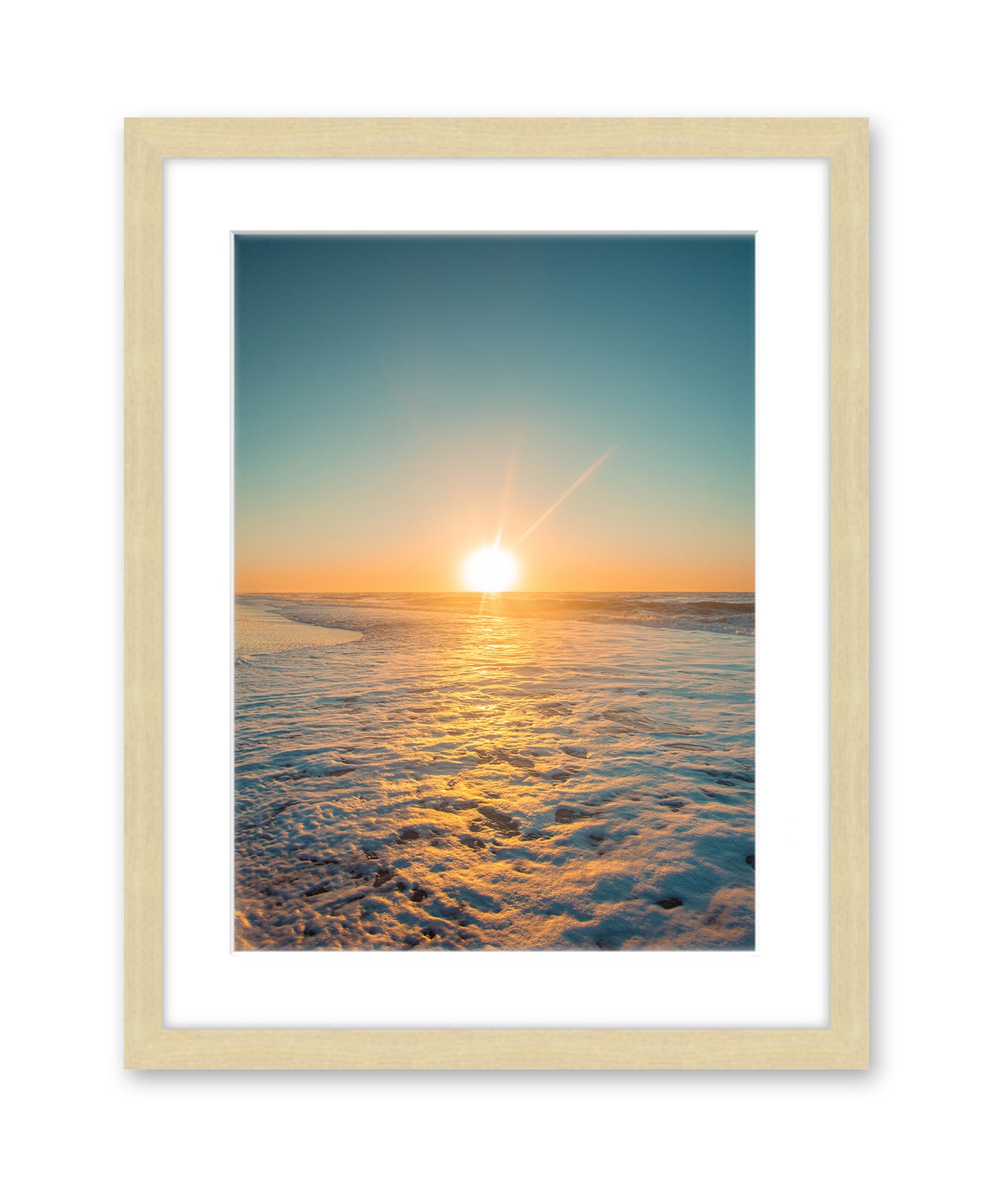 Teal Sunrise Beach Print, Natural Wood Frame by Wright and Roam