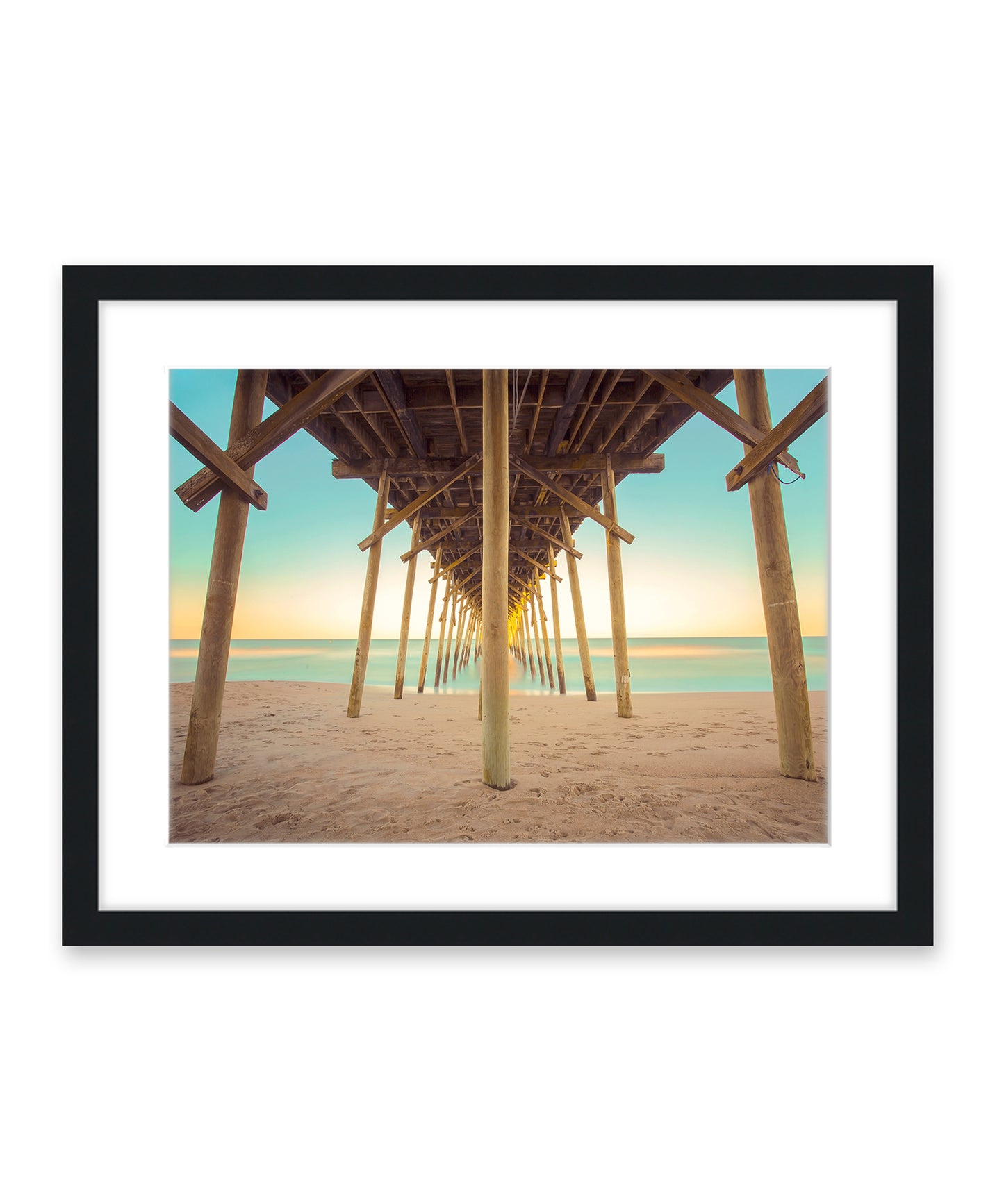 colorful pier blue and yellow sunset Carolina beach photograph, black frame by Wright and Roam