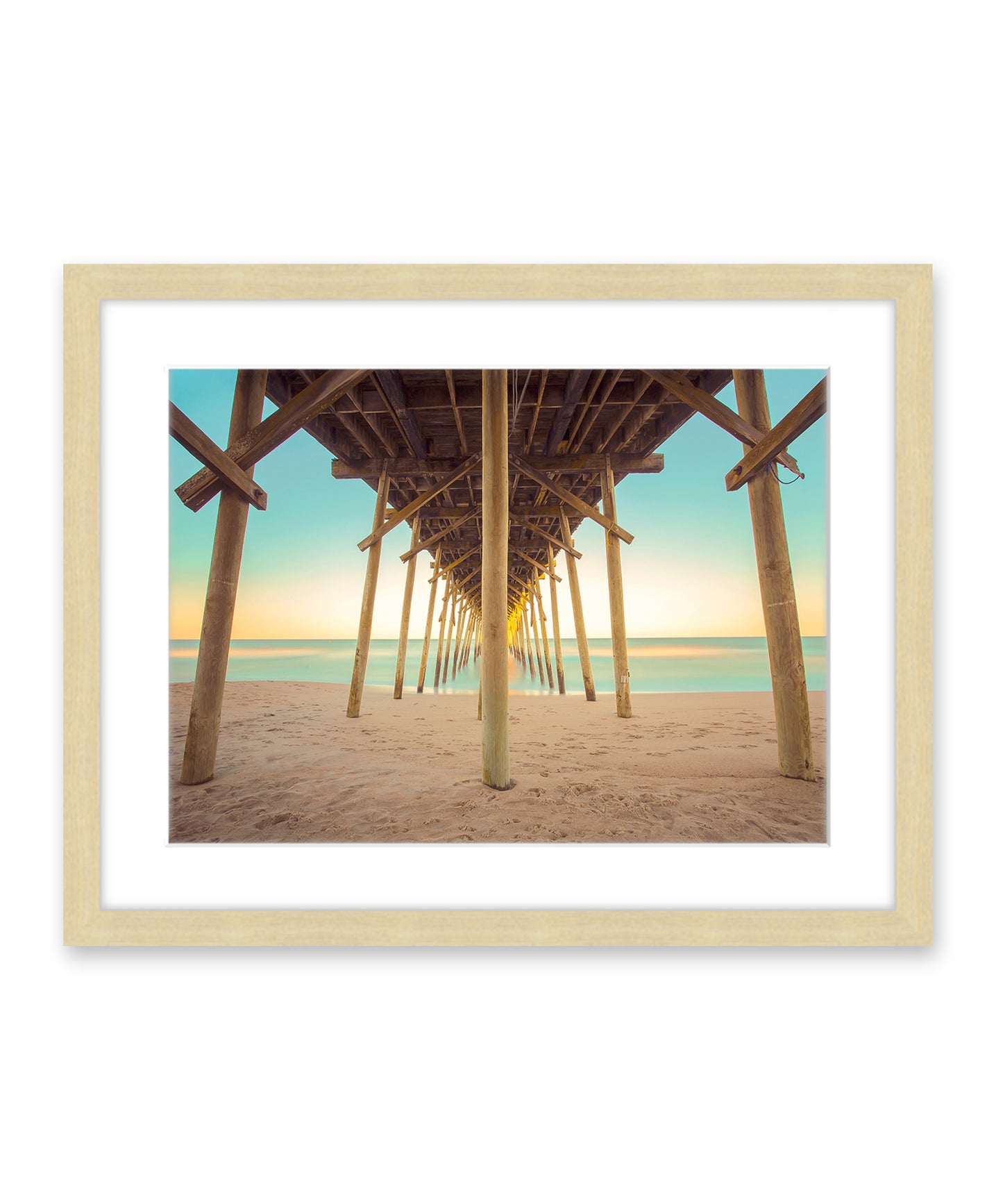 colorful pier blue and yellow sunset Carolina beach photograph, natural wood frame by Wright and Roam